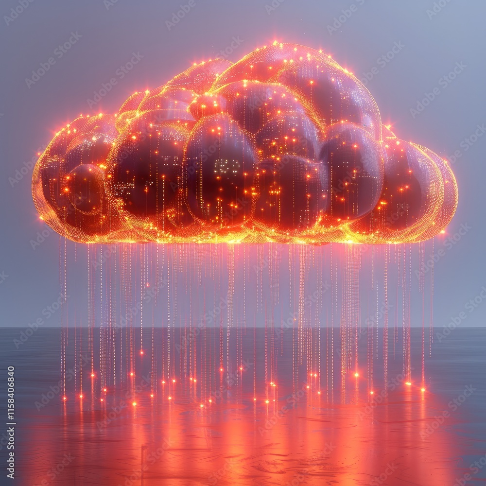 Poster 3d render of a cloud with rain, made from glowing data cables on a white background. the design is m
