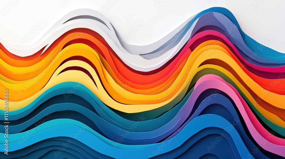 Poster a vibrant arrangement of layered colored paper, showcasing wavy patterns and a spectrum of hues, cre