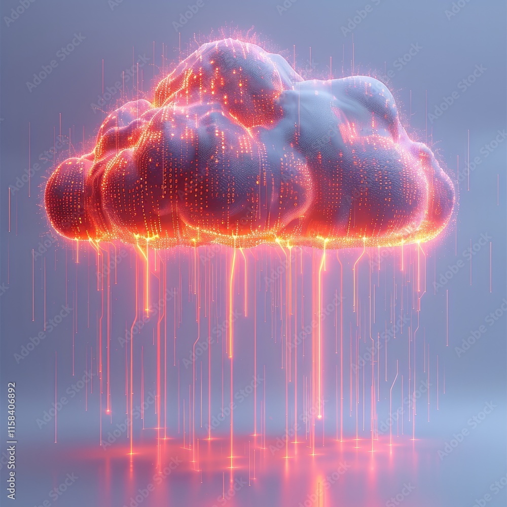 Aufkleber 3D render of a cloud with rain, made from glowing data cables on a white background. The design is minimalistic, with a subtle red glow on the edge of the clouds and light rays emanating from them.