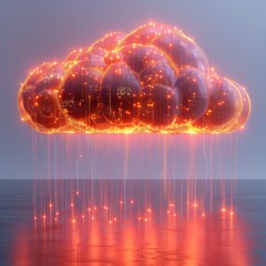 3D render of a cloud with rain, made from glowing data cables on a white background. The design is minimalistic, with a subtle red glow on the edge of the clouds and light rays emanating from them.