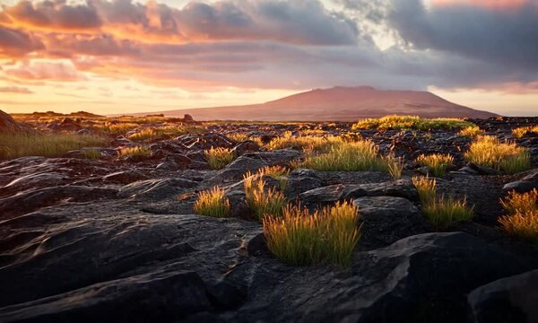Volcanic Sunset Landscape: Grass Emerging on Dark Lava Rock