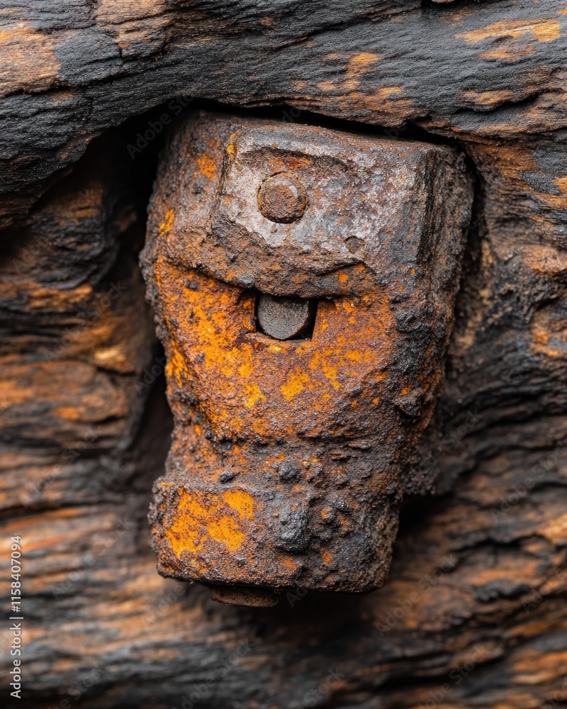 Poster Rusty metal object embedded in aged wood, showing texture and decay.