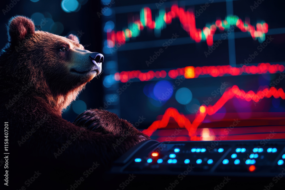Poster a bear sits in front of a trading screen displaying red stock market graphs, symbolizing a bearish m