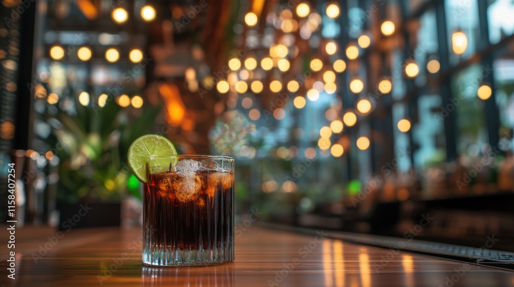 Poster iced dark cocktail in a rocks glass with lime garnish on a bar counter, bokeh lights background.