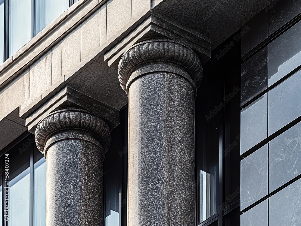 Poster close-up of two granite columns on a modern building, showcasing architectural detail and contrast.