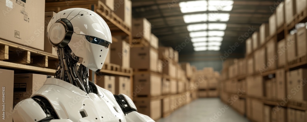 Aufkleber a futuristic robot stands in a warehouse filled with stacked boxes, illustrating advanced automation