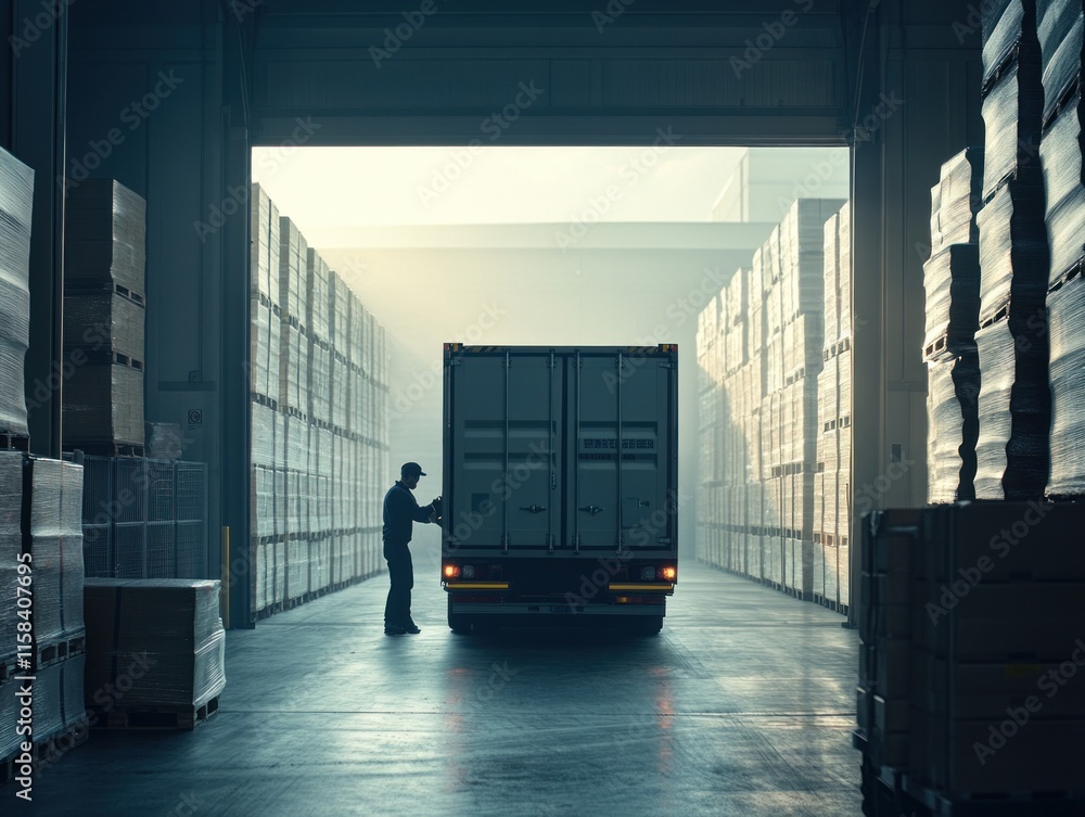 Poster worker preparing a cargo truck for loading in a large warehouse.