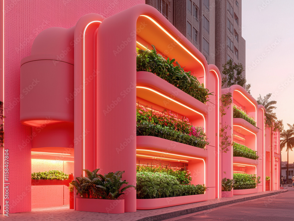Poster a vibrant pink building with curved features and lush greenery, illuminated by neon lights, creating