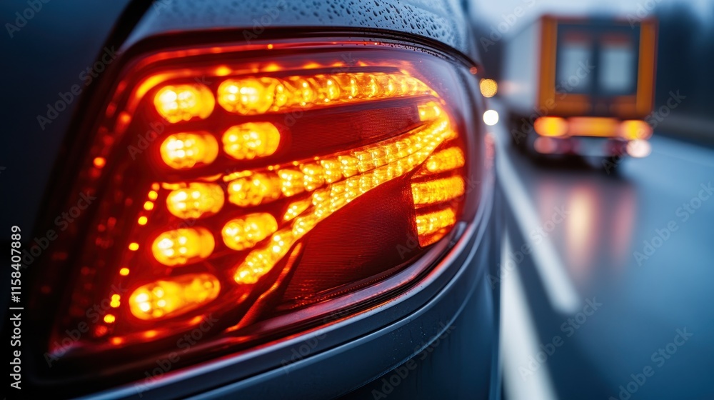 Poster close-up of a car's illuminated led taillight on a wet road with a blurred truck in the background.