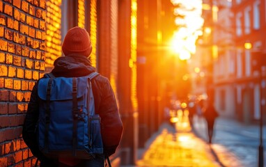 Obraz premium A person stands on a sunlit street, wearing a backpack and a hat, as golden sunlight casts a warm glow on the brick wall and pavement.