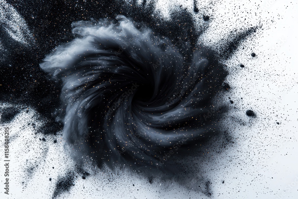 Poster a swirling formation of black particles creates a dynamic and abstract visual effect, resembling a c