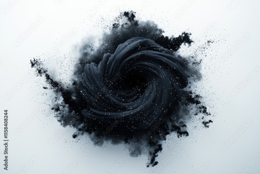 Poster a swirling black vortex of dust and particles, creating an abstract, cosmic-like effect against a wh