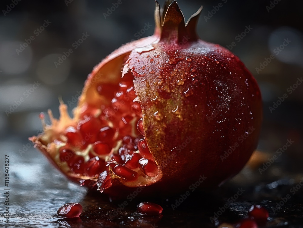 Poster close-up of a juicy, partially opened pomegranate with red seeds and water droplets on its skin, set