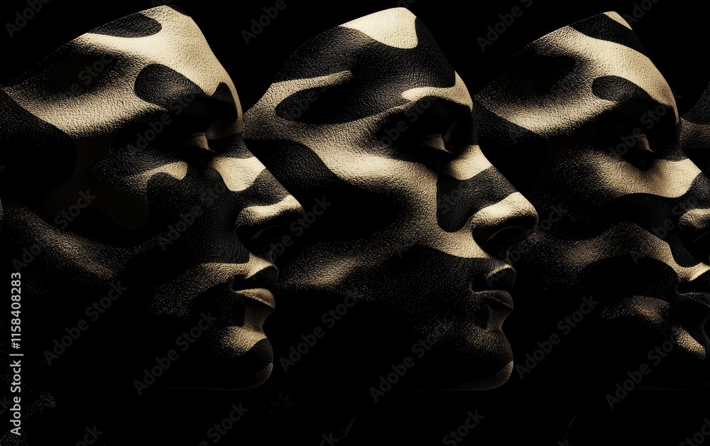 Poster A striking image of three stylized faces in profile, featuring a textured pattern that blends shadows and highlights for an artistic effect.