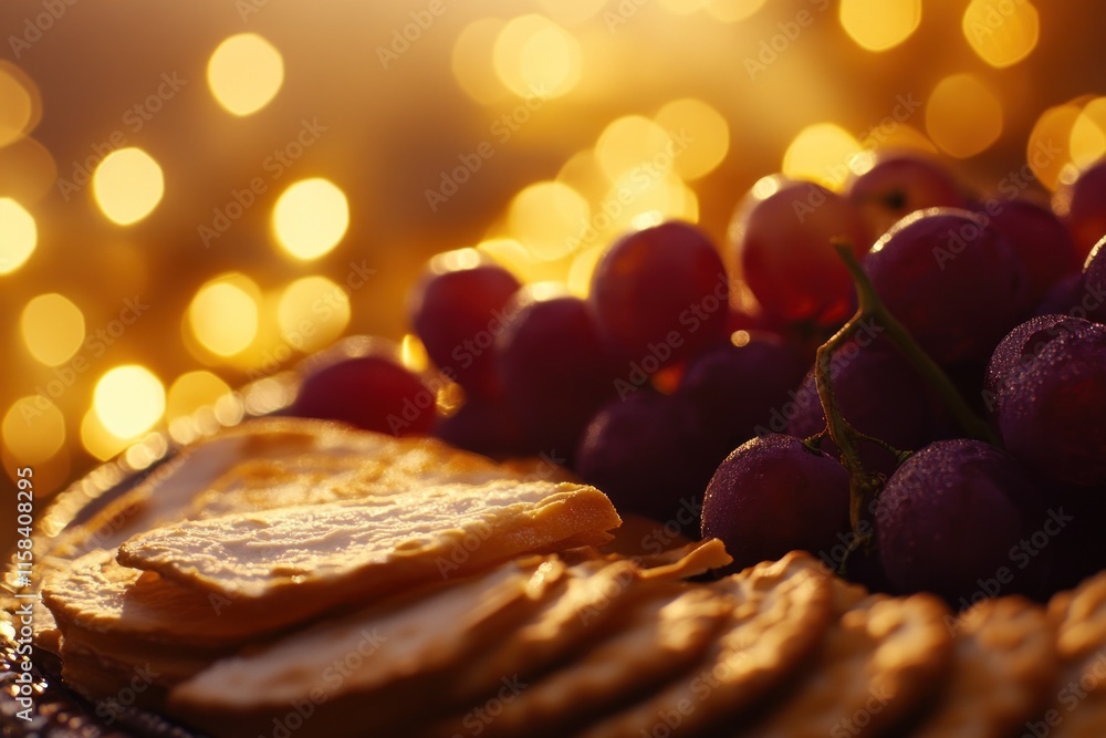Aufkleber close-up of sliced cheese and red grapes on a platter with bokeh lights in the background.