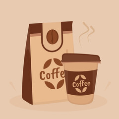 A coffee powder packet and takeaway cup with brown tones on a soft beige background