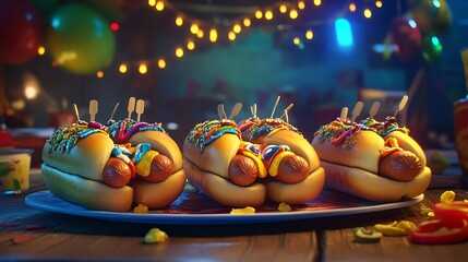 Obraz premium Friends proudly sharing their decorated hotdogs in a friendly challenge