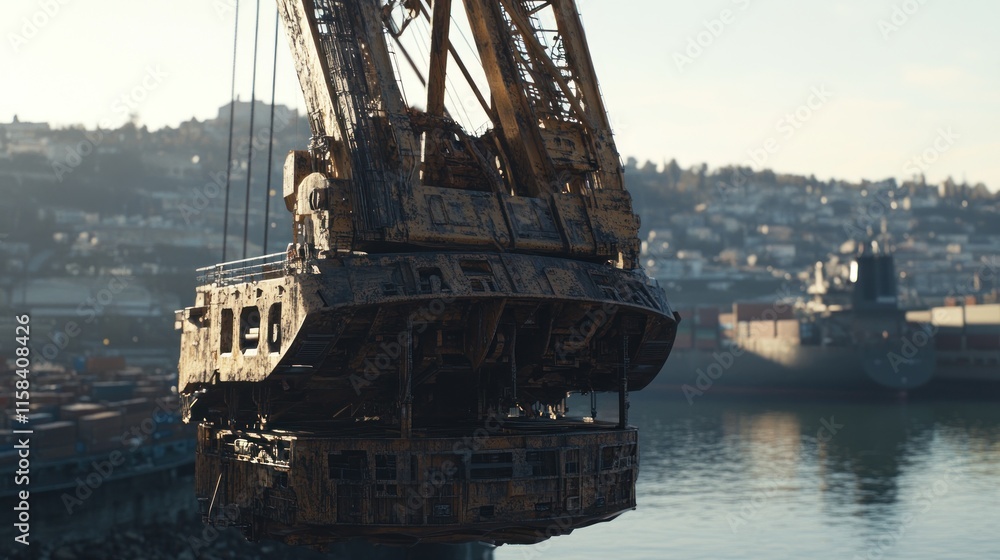 Poster close-up of a large rusty crane's claw at a port, with a blurry city and ships in the background.