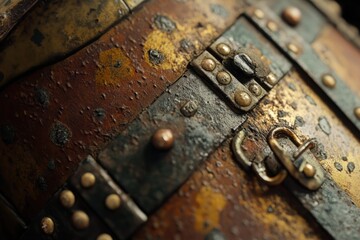 Close-up of an antique wooden chest with rusty metal bands and clasps, showing wear and texture.