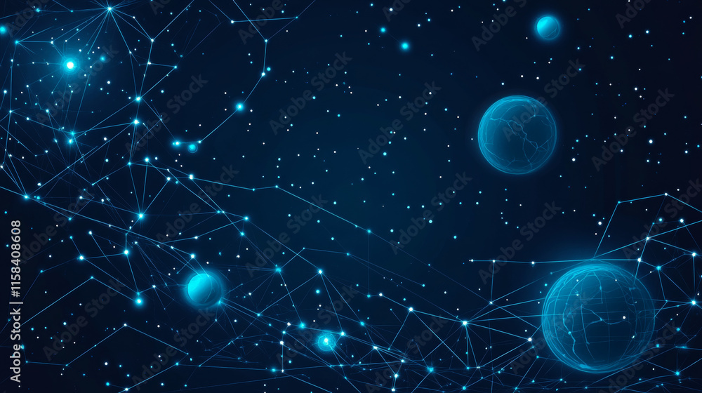 Poster abstract image of hacker activity in the form of a starry sky or space, consisting of points, lines,