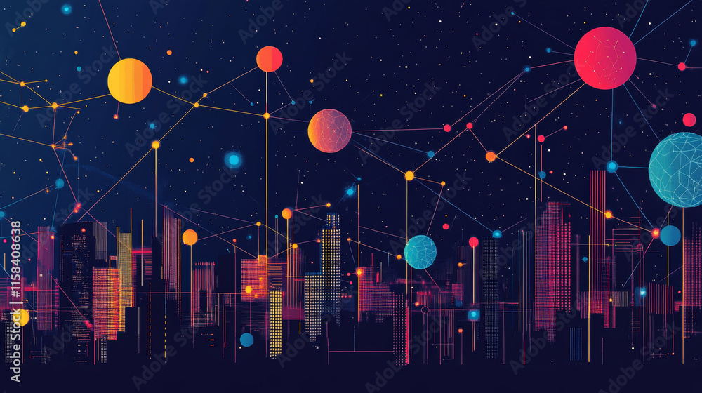 Poster abstract image of hacker activity in the form of a starry sky or space, consisting of points, lines,