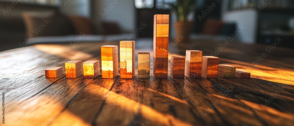 Poster wooden blocks forming a bar graph on a wooden table, illuminated by sunlight.