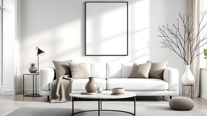 Frame mockup, paper size. Living room wall poster mockup. Interior mockup with house background. Modern interior design.