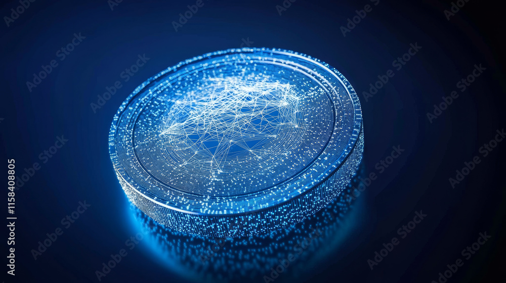 Poster dollar coin from abstract polygonal points blue. low poly coin in motion, lines and connected to for