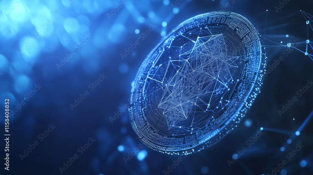 Poster dollar coin from abstract polygonal points blue. low poly coin in motion, lines and connected to for