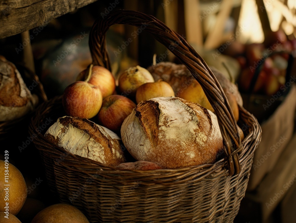 Poster rustic wicker basket overflowing with freshly baked bread loaves and ripe red apples.