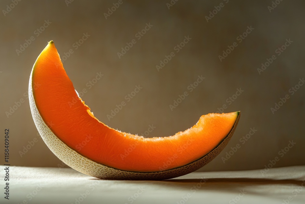 Poster a crescent-shaped cantaloupe slice with a bite taken out, set against a muted background.