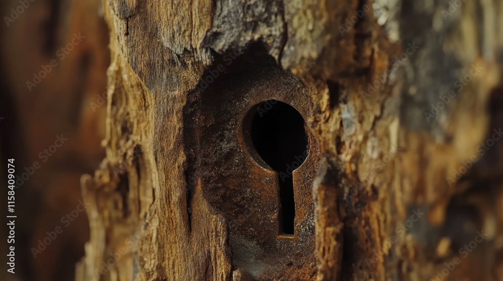 Poster rusty keyhole embedded in decaying wood.