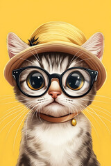 Obraz premium A cute cat wearing a yellow hat and glasses, set against a bright yellow background.