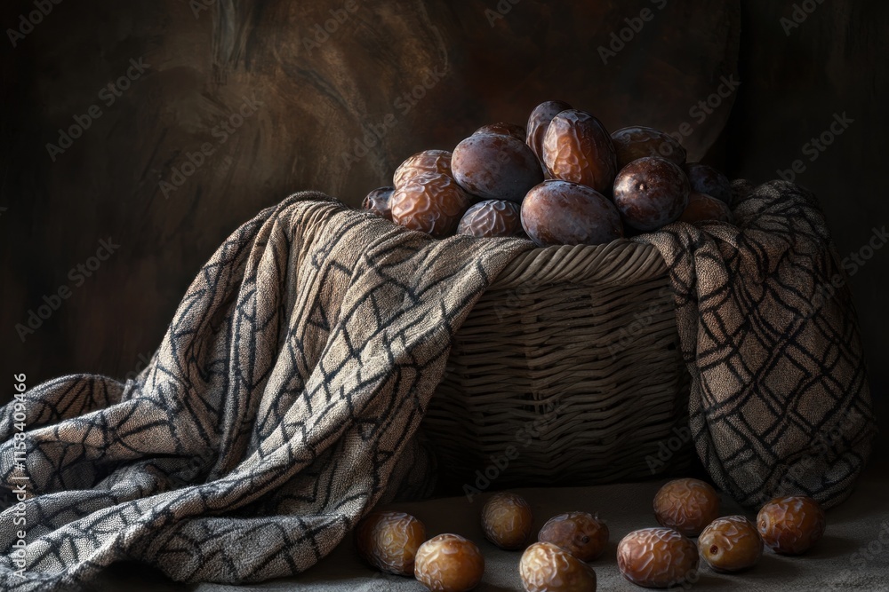 Poster still life of plums in a wicker basket draped with fabric.
