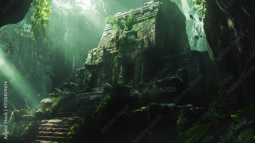 Aufkleber sunbeams illuminate a moss-covered ancient stone temple hidden deep within a lush jungle cave.