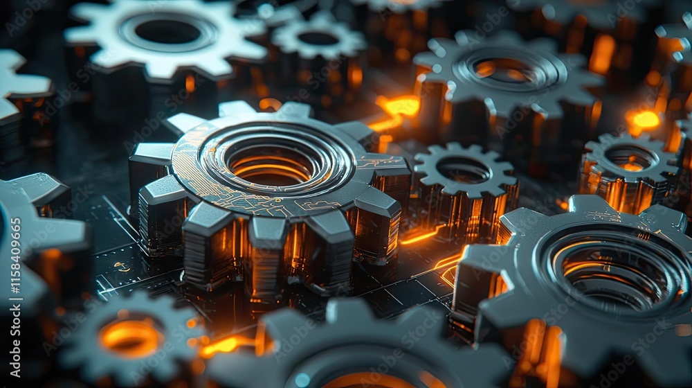 Poster gear mechanism concept. close-up of metallic gears with glowing elements showcasing advanced technol