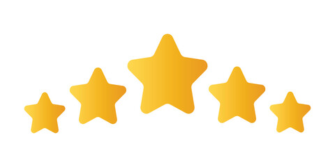 Five stars review. Golden yellow customer feedback stars. Top rate reward icons, quality product symbol. Vector set. Premium service award, client opinion