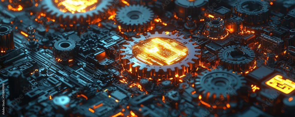 Poster gear mechanism concept. close-up view of a futuristic circuit board with glowing gears and intricate