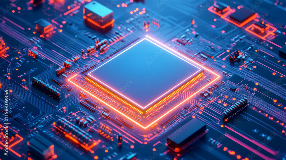 Poster technology background with a circuit board with light lines and electronic elements. tech bg in blue