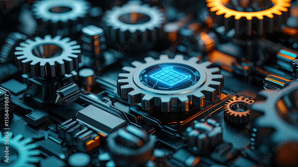 Poster gear mechanism concept. close-up view of intricate gears and circuits in a modern technological desi