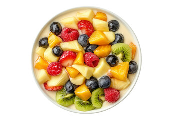 Bowl of fresh fruit creamy salad .Transparent background .Isolated PNG