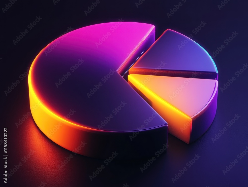 Poster 3D rendered neon pie chart with four segments showing data visualization.