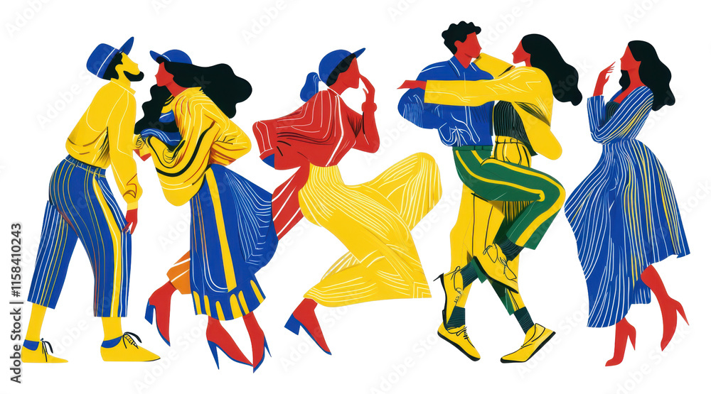 Aufkleber dynamic fashion dance event featuring colorful characters in urban setting vibrant graphics creative