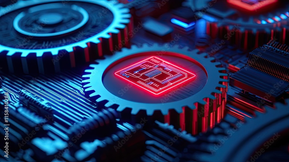 Aufkleber gear mechanism concept. close-up of intricate gears and circuits, illuminated with vibrant red and b