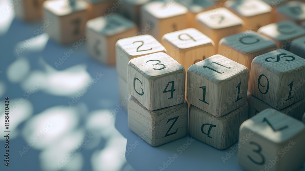 Poster close-up of scattered wooden blocks with numbers and letters, illuminated by sunlight.