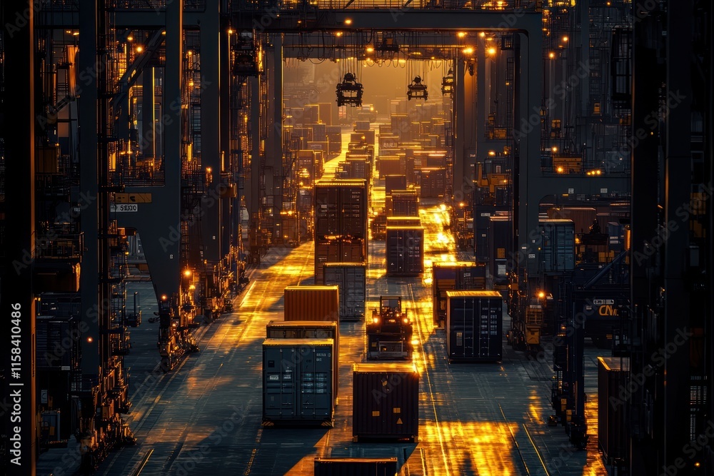 Aufkleber golden hour illuminates a bustling container port at sunset, showcasing rows of cargo containers and