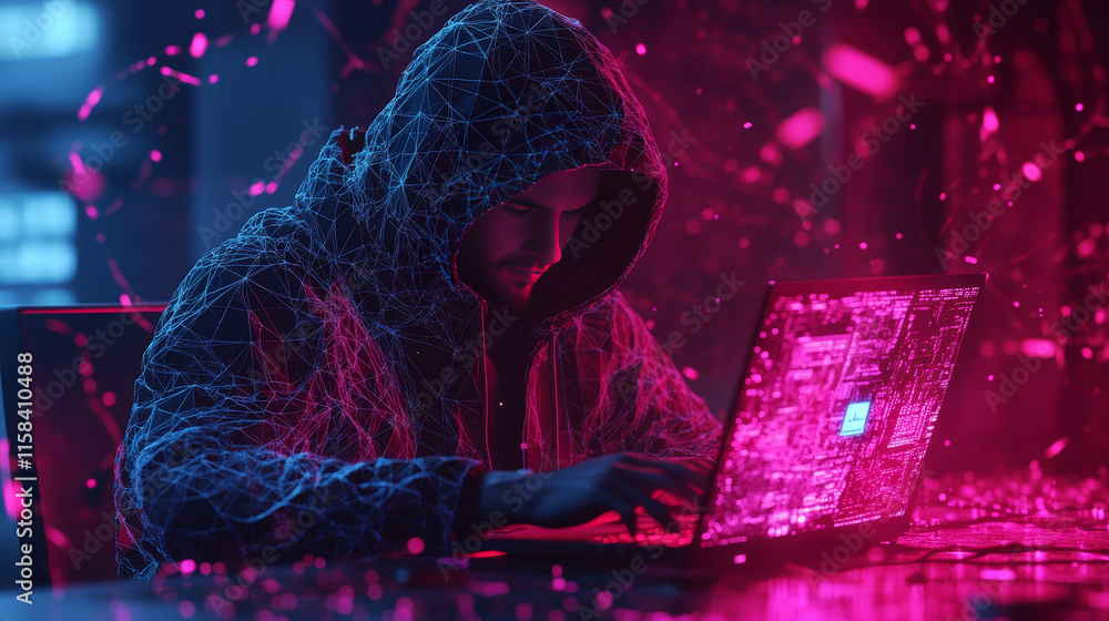Poster abstract polygonal hacker with laptop on technology dark background. cyber attack and cyber security