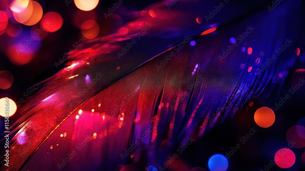 Aufkleber close-up of a vibrant feather illuminated with colorful bokeh lights.
