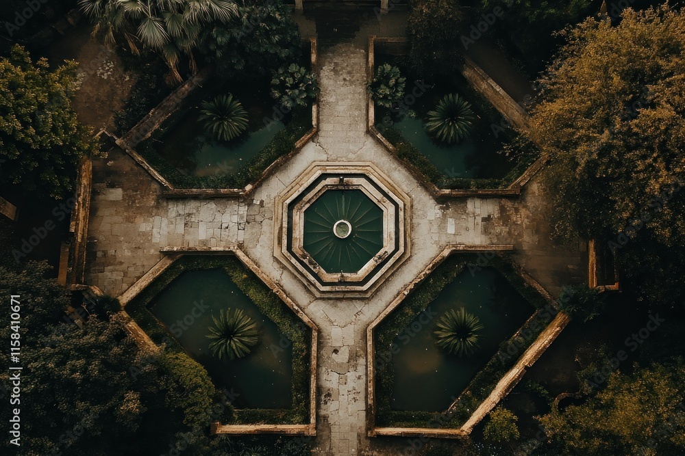 Poster aerial view of a symmetrical garden with a central fountain and geometric ponds.