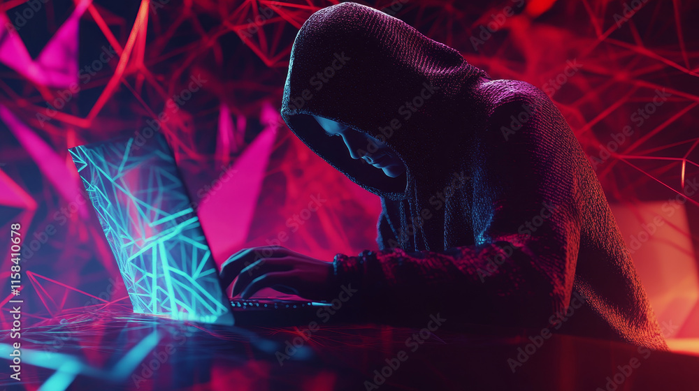 Poster abstract polygonal hacker with laptop on technology dark background. cyber attack and cyber security